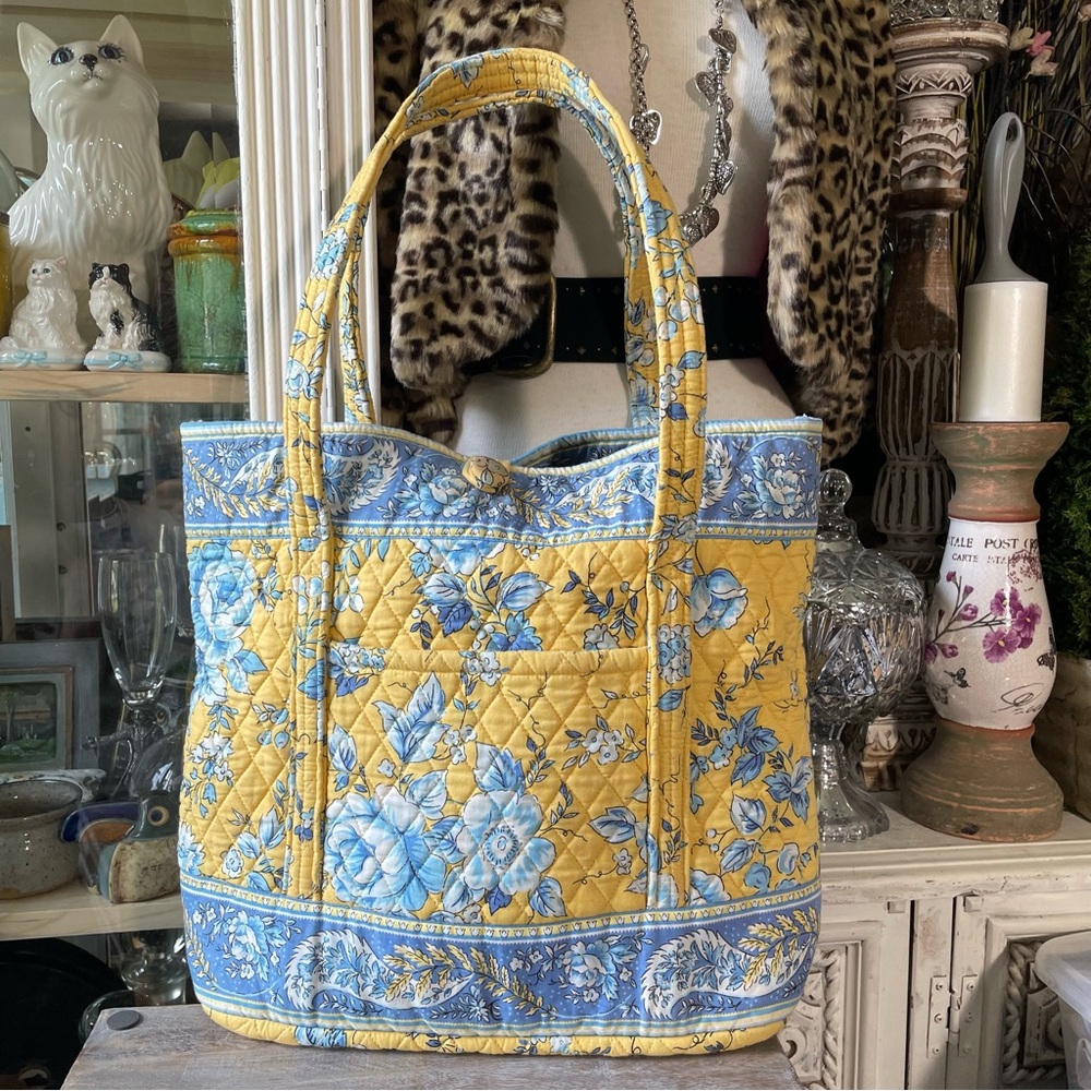 Vintage Quilted Keepers yellow & blue floral fabric tote cottage French Country - Picture 12 of 12